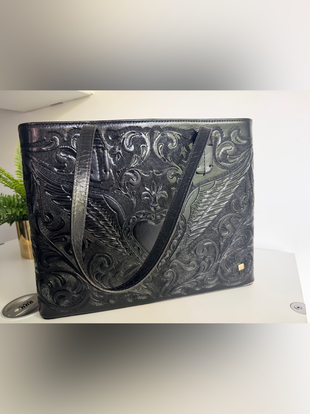 Carolina Crowley Embossed Handbag Black Leather